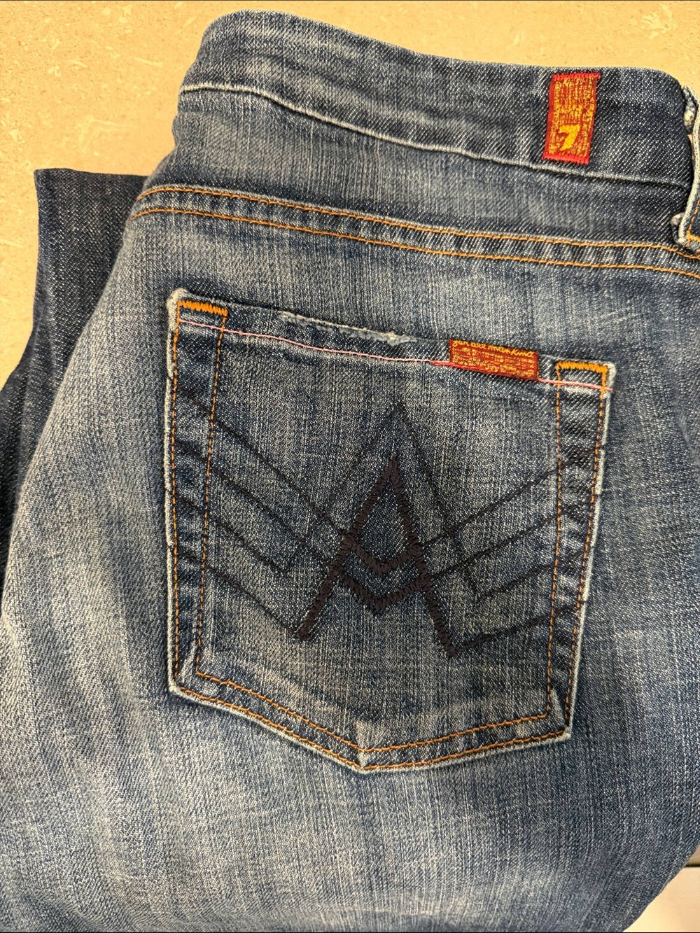 7 For All Mankind Women's Blue Bootcut Jeans with Signature Back Pocket Stitch